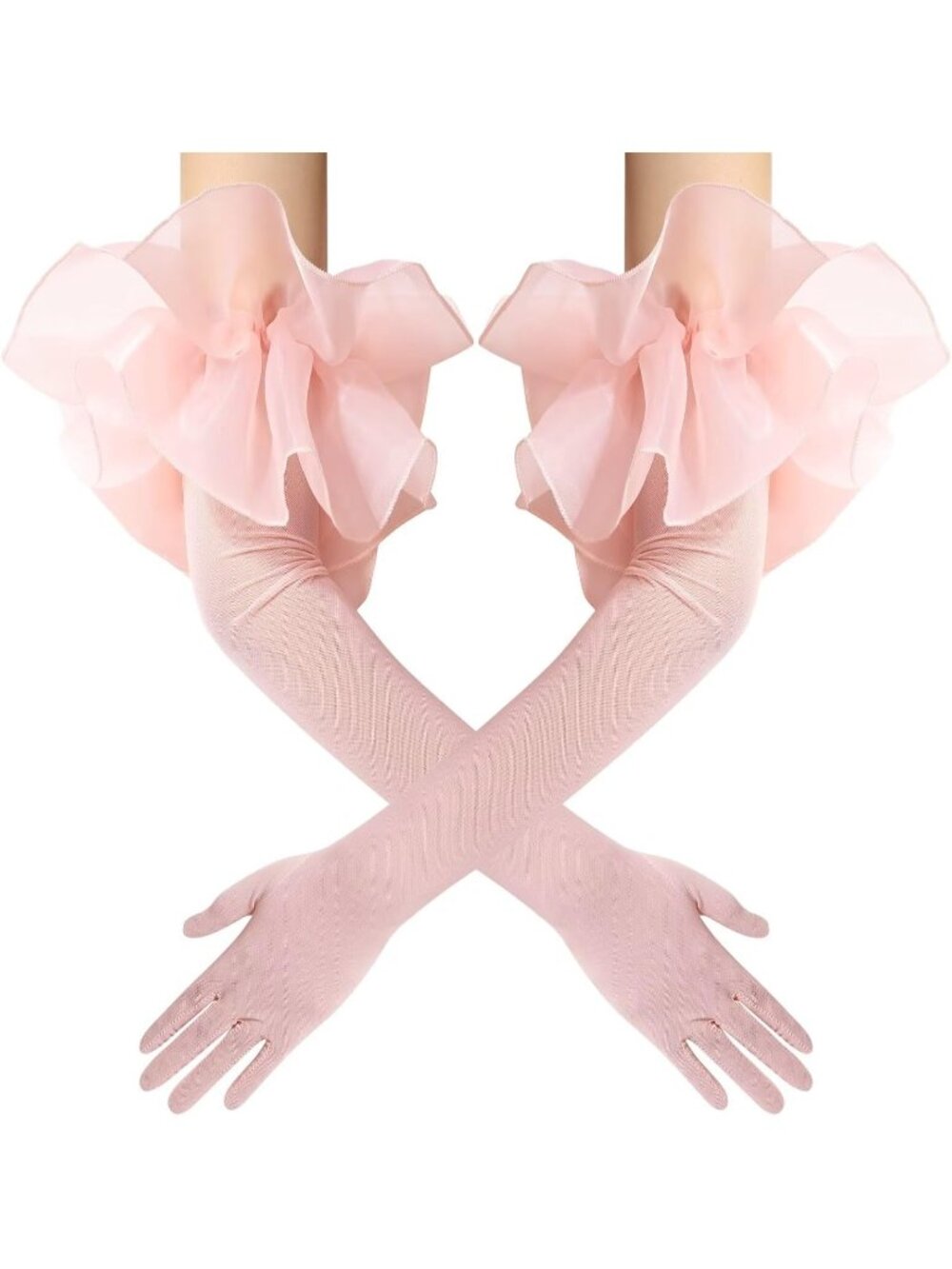 Women's Blush Long Sleeve Oversize Ruffle Cuff Sheer Tulle Mesh Puff Gloves